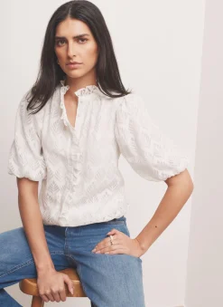 White Jacquard Ruffle Blouse