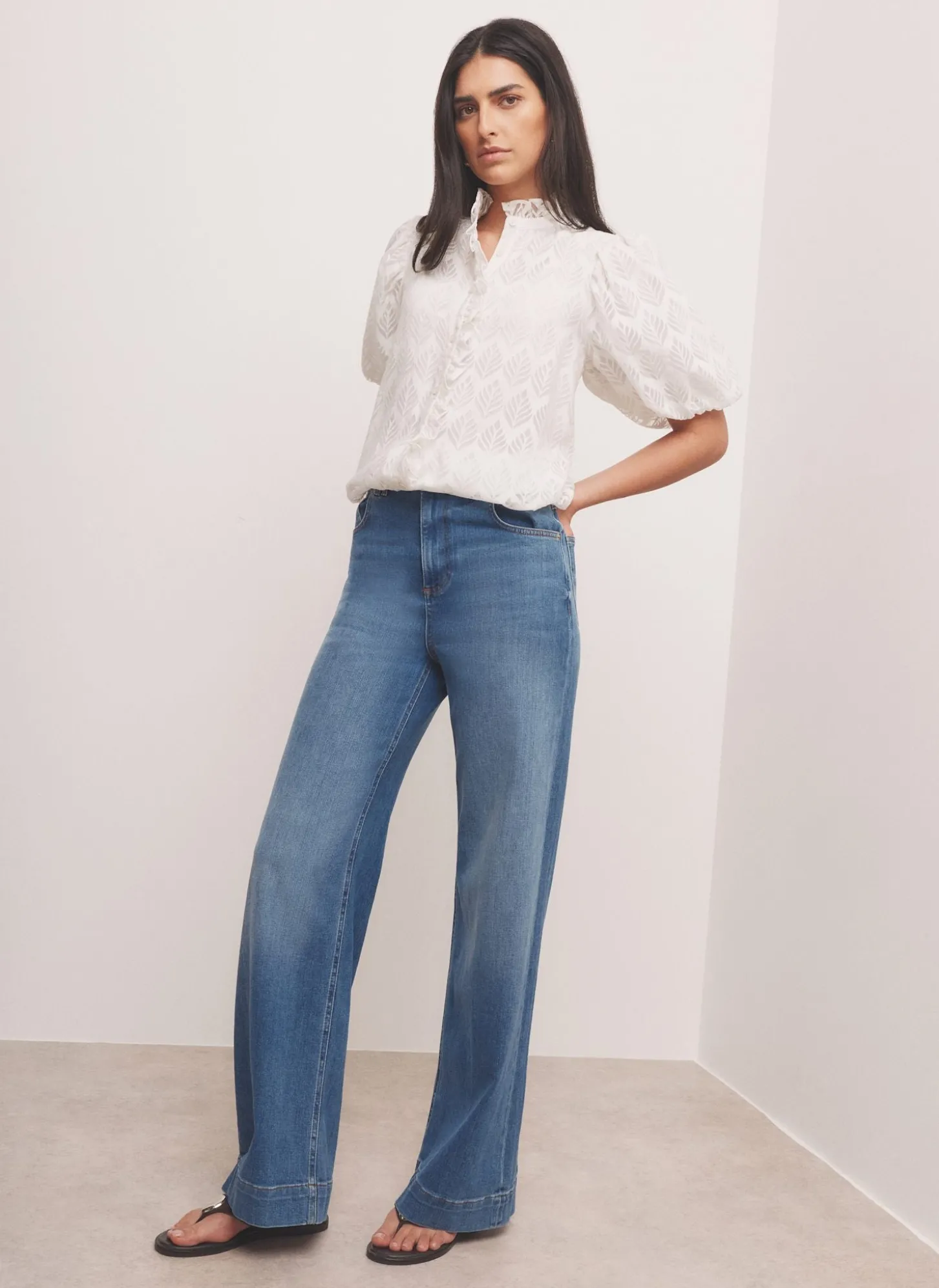 White Jacquard Ruffle Blouse