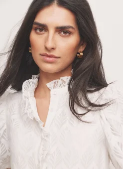 White Jacquard Ruffle Blouse