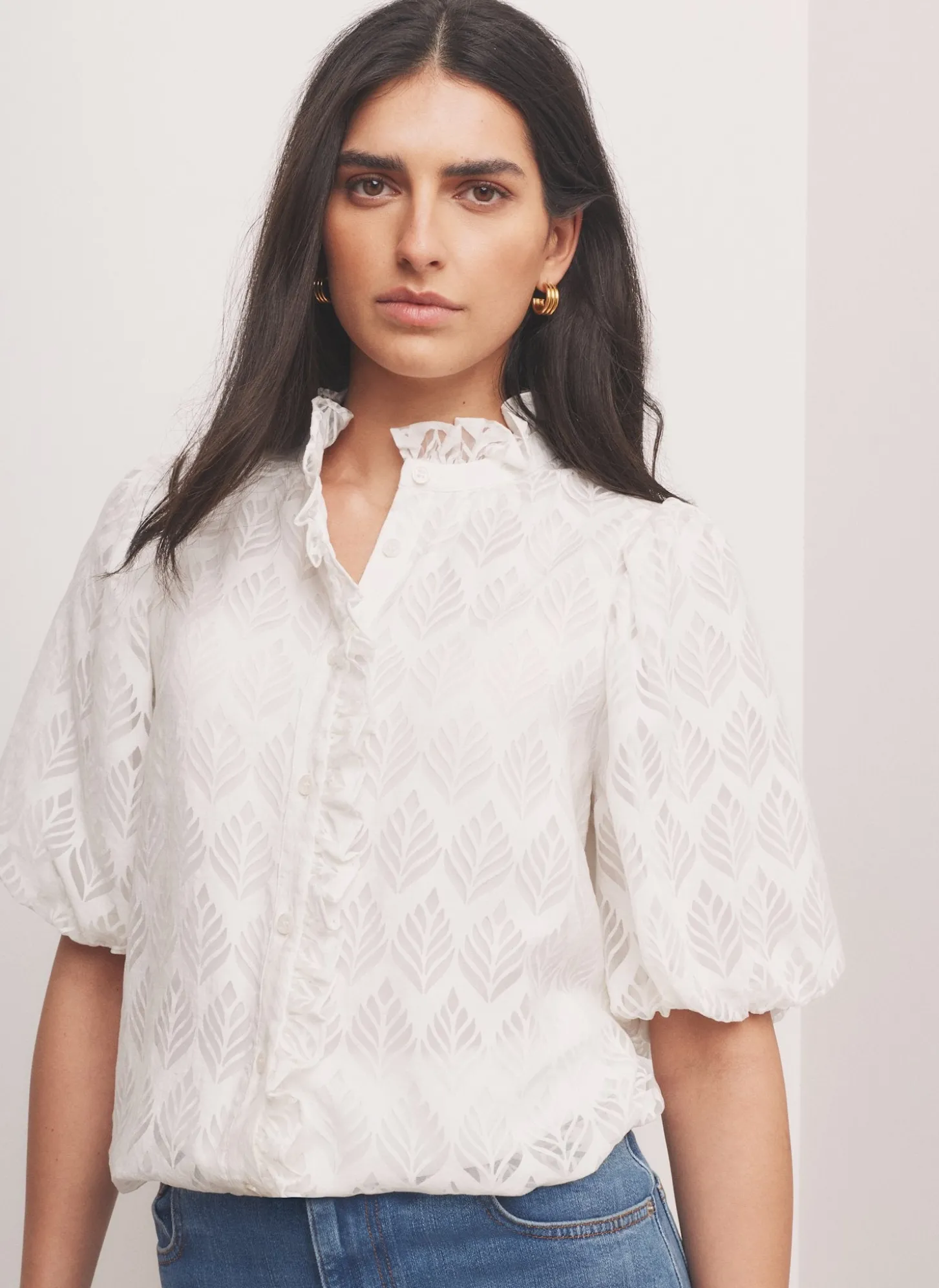 White Jacquard Ruffle Blouse