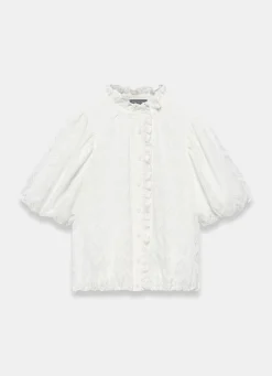 White Jacquard Ruffle Blouse