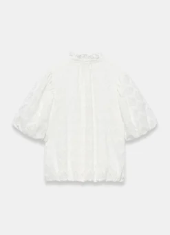 White Jacquard Ruffle Blouse