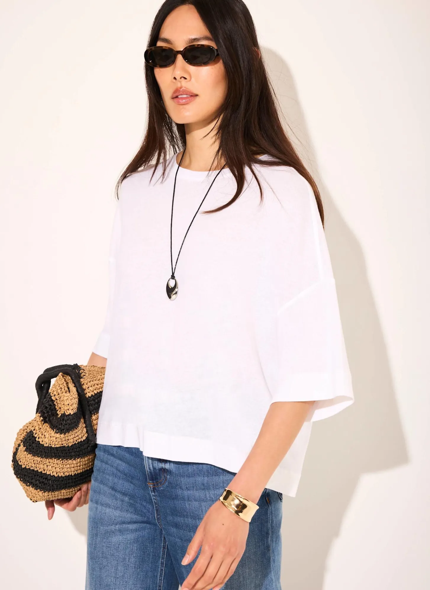 White Linen Blend Boxy T Shirt