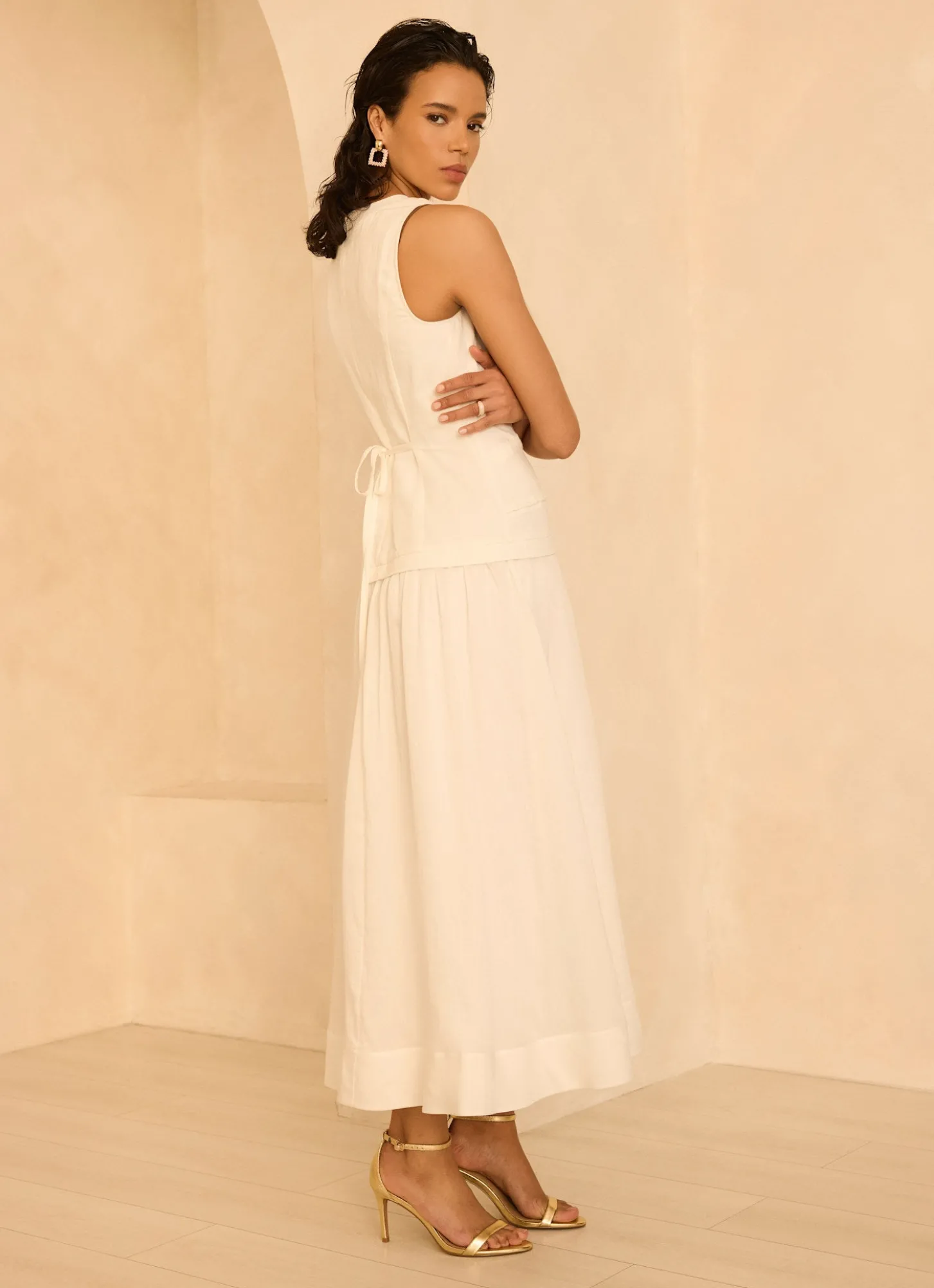 White Linen Blend Waistcoat Maxi Dress