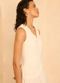White Linen Blend Waistcoat Maxi Dress