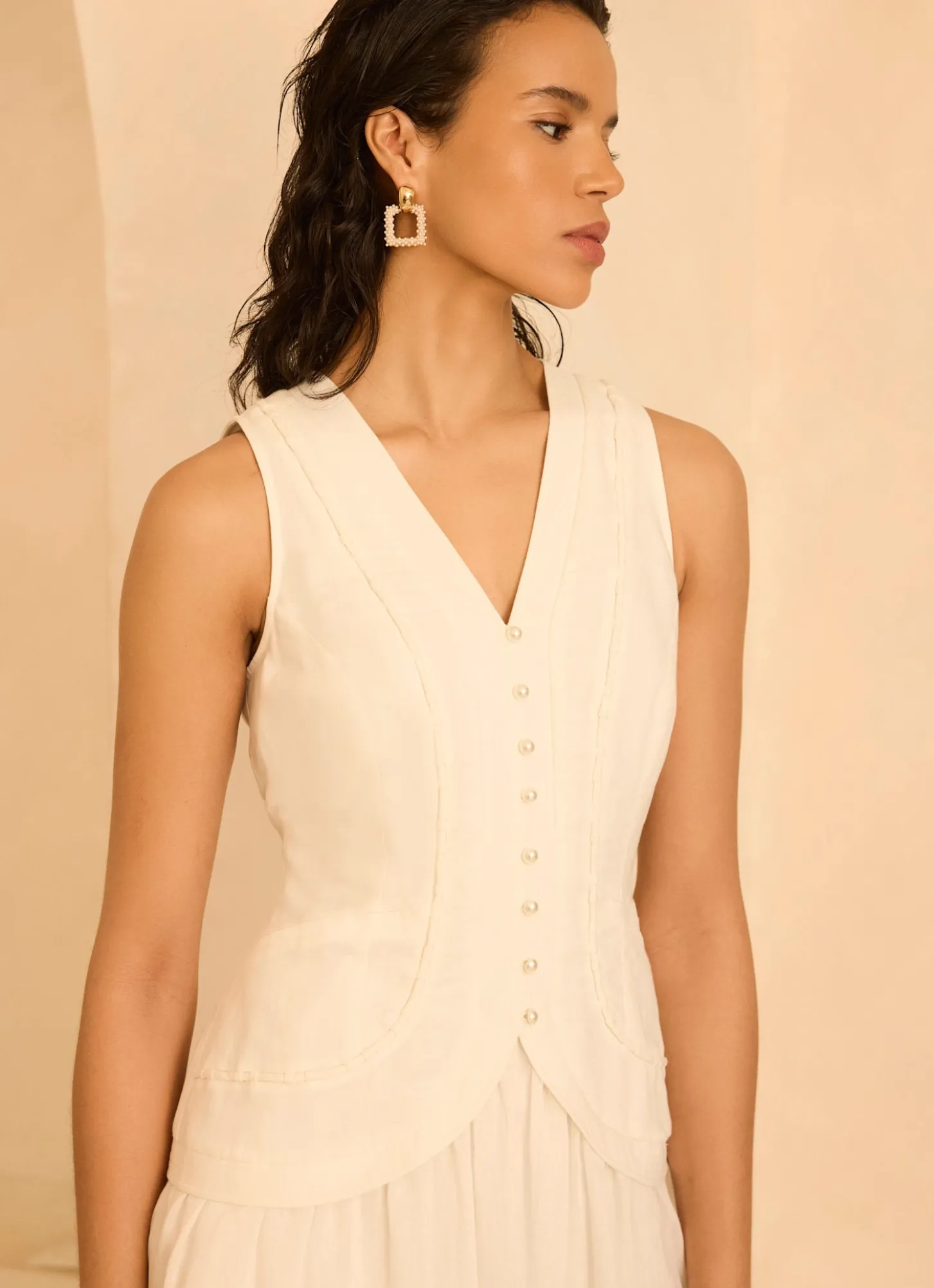 White Linen Blend Waistcoat Maxi Dress