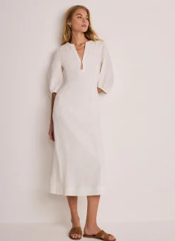 White Linen Puff Sleeve Midi Dress