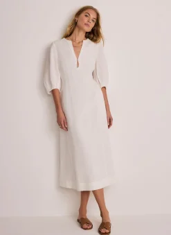 White Linen Puff Sleeve Midi Dress