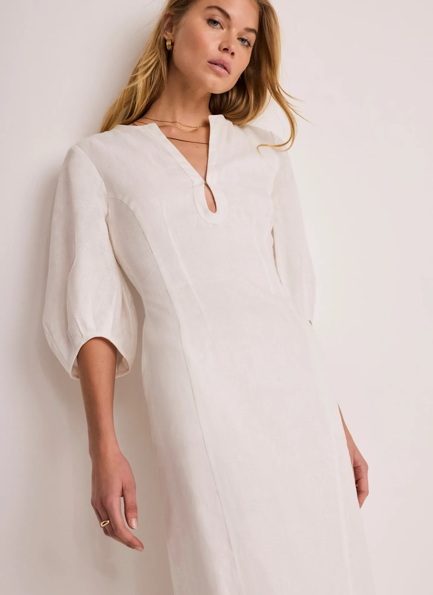 White Linen Puff Sleeve Midi Dress