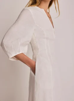 White Linen Puff Sleeve Midi Dress