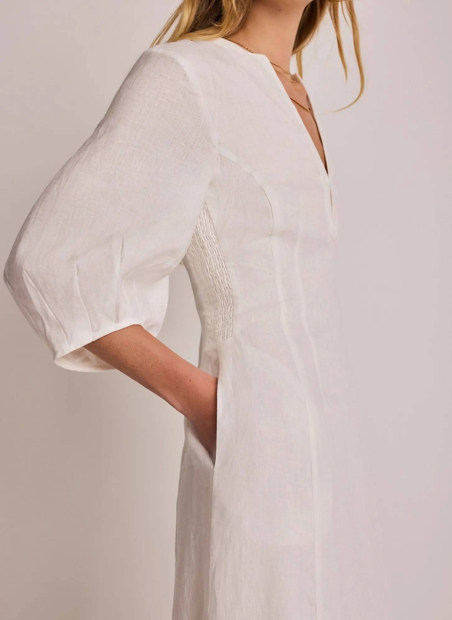 White Linen Puff Sleeve Midi Dress