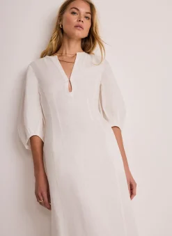White Linen Puff Sleeve Midi Dress