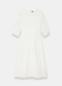 White Linen Puff Sleeve Midi Dress