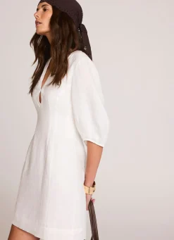 White Linen Puff Sleeve Mini Dress