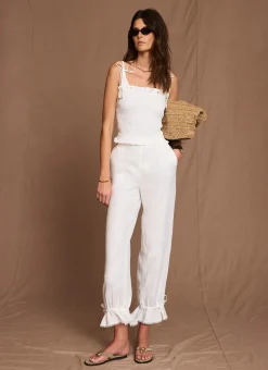 White Linen Ruffle Hem Cropped Trousers