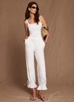 White Linen Ruffle Hem Cropped Trousers
