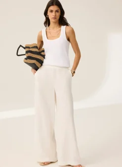 White Linen Scallop Trim Trousers
