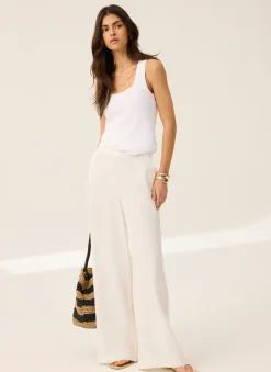 White Linen Scallop Trim Trousers