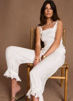 White Linen Shirred Top