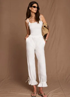 White Linen Shirred Top