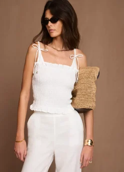 White Linen Shirred Top