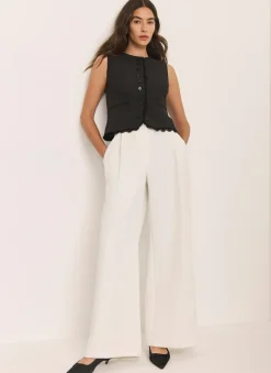 White Pleated Wide Leg Trousers