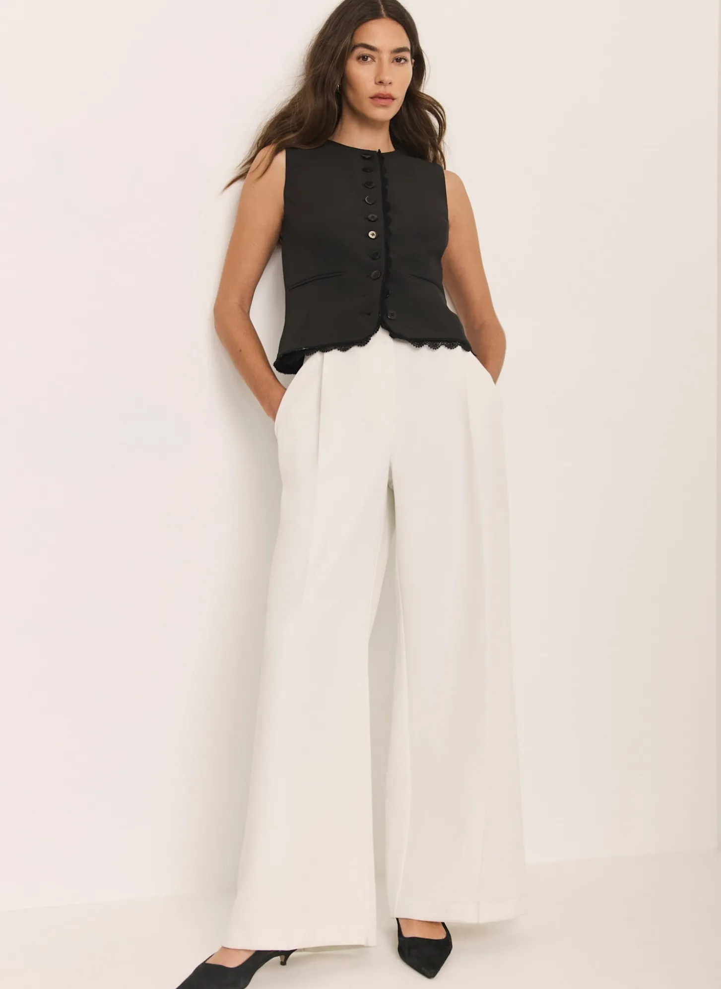 White Pleated Wide Leg Trousers
