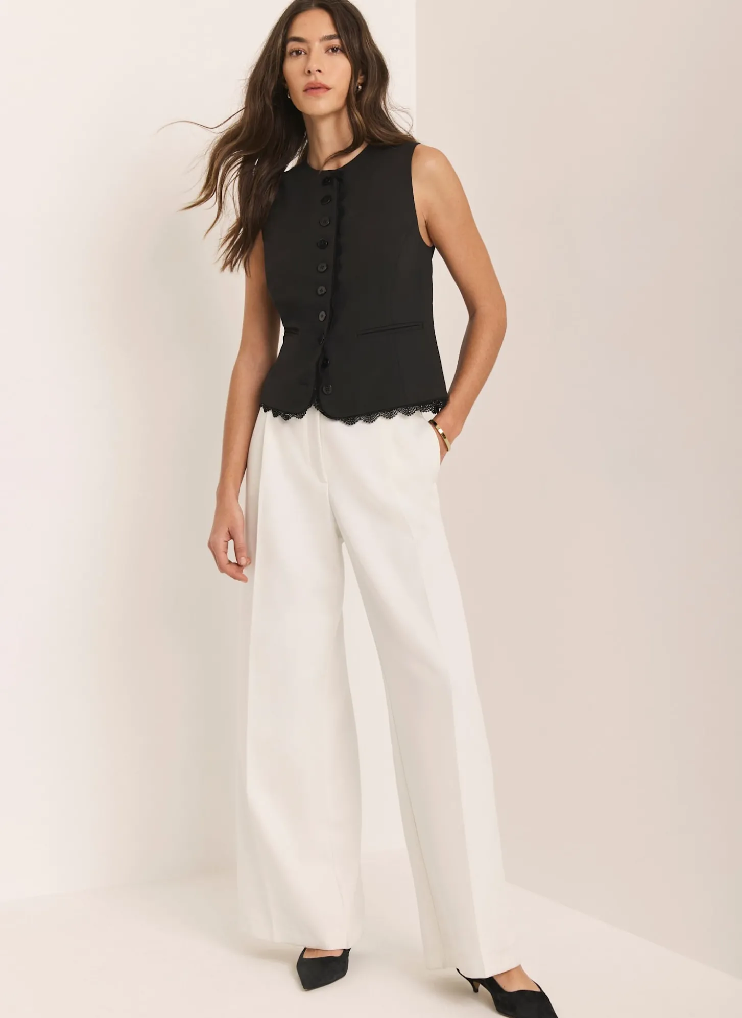 White Pleated Wide Leg Trousers