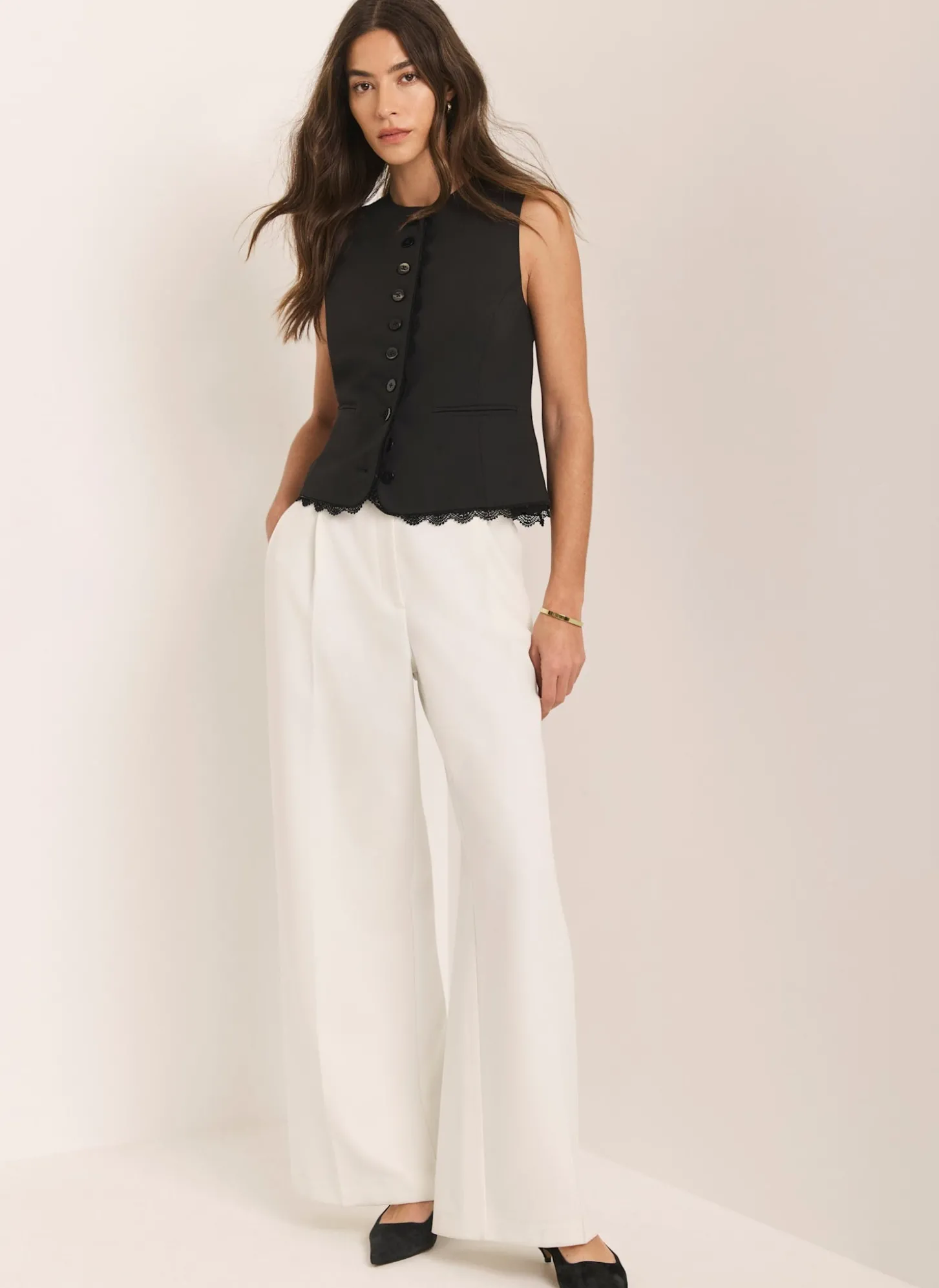 White Pleated Wide Leg Trousers