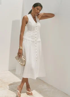 White Ramie Drop Waist Midi Dress