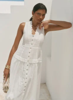 White Ramie Drop Waist Midi Dress