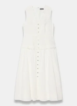 White Ramie Drop Waist Midi Dress