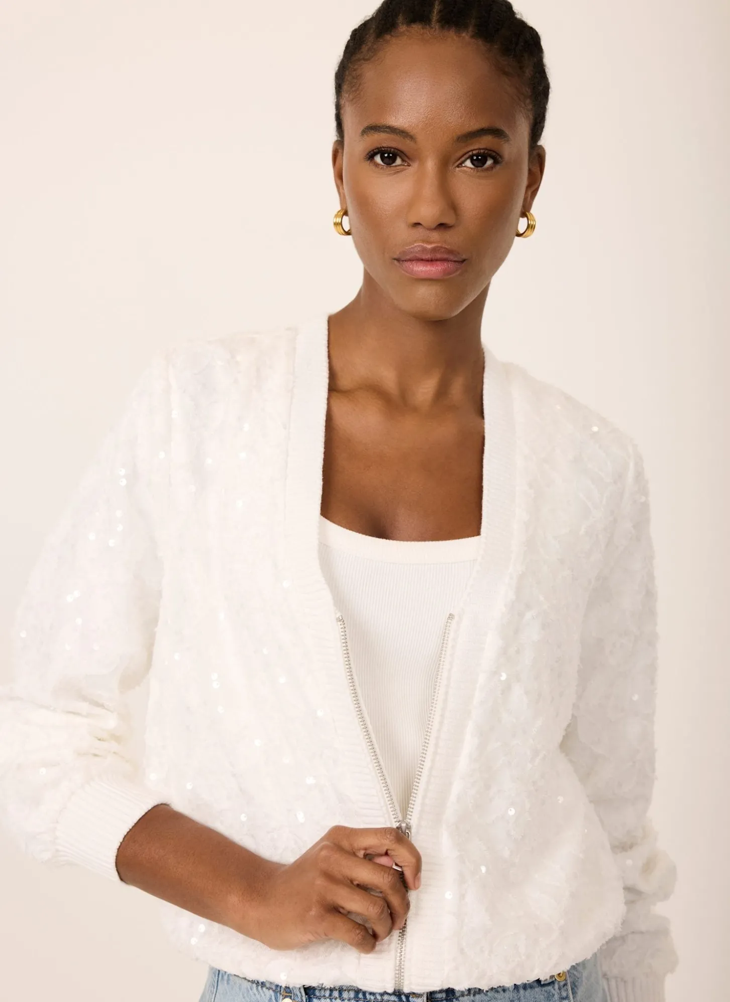 White Sequin Bomber Jacket