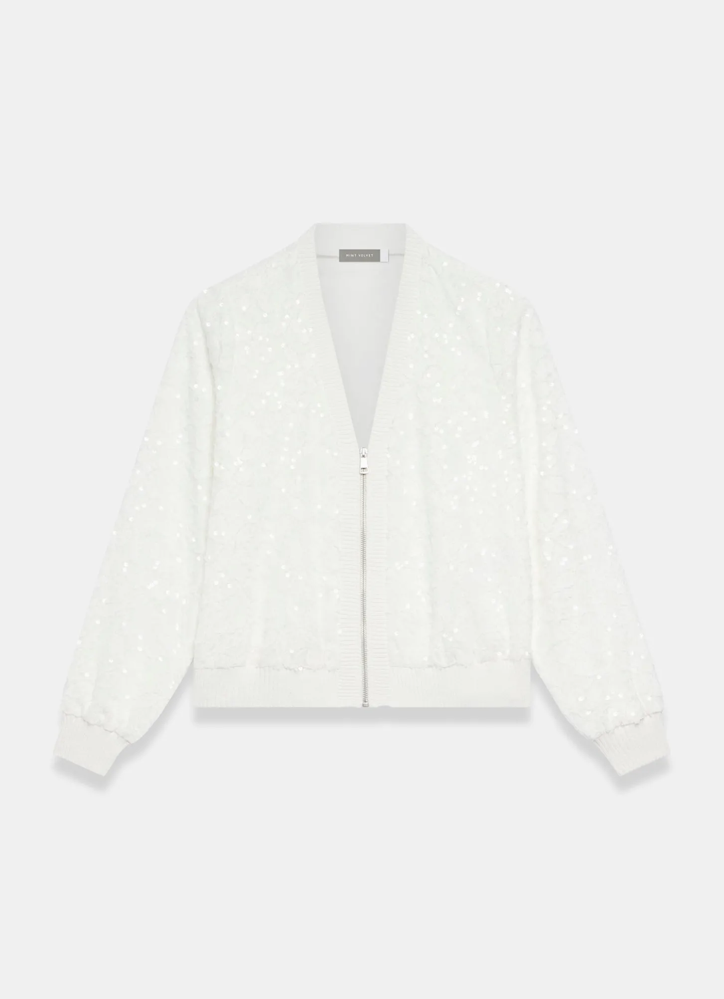 White Sequin Bomber Jacket