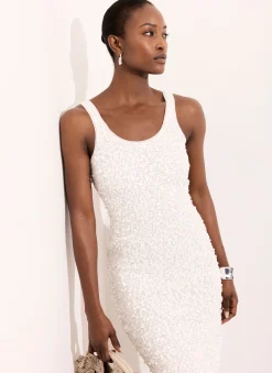 White Sequin Mesh Midi Dress