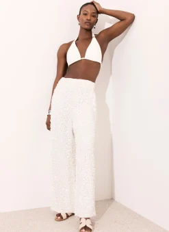 White Sequin Wide Beach Trousers