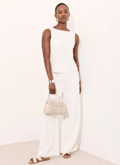White Sequin Wide Beach Trousers