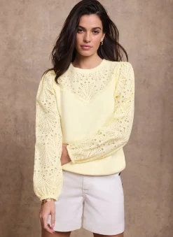 Yellow Cotton Blend Broderie Sweatshirt