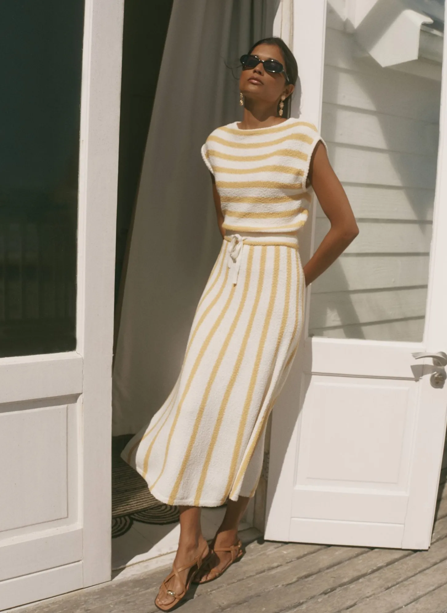 Yellow Cotton Blend Striped Midi Dress