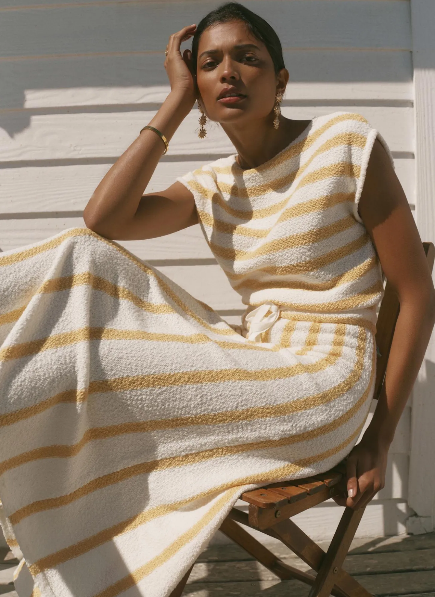 Yellow Cotton Blend Striped Midi Dress