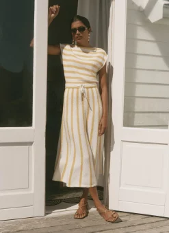 Yellow Cotton Blend Striped Midi Dress