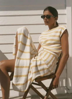 Yellow Cotton Blend Striped Midi Dress
