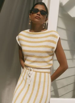 Yellow Cotton Blend Striped Midi Dress