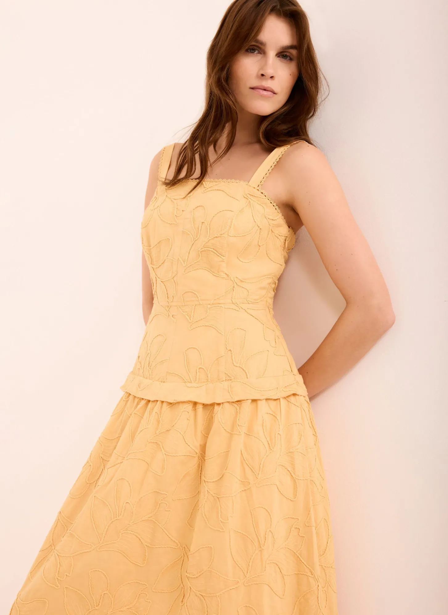 Yellow Cotton Floral Midi Dress
