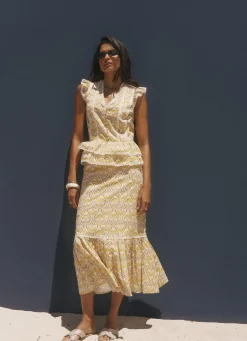 Yellow Cotton Floral Print Midi Skirt