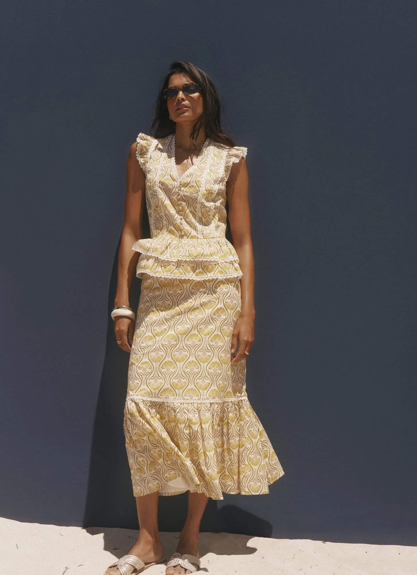 Yellow Cotton Floral Print Midi Skirt