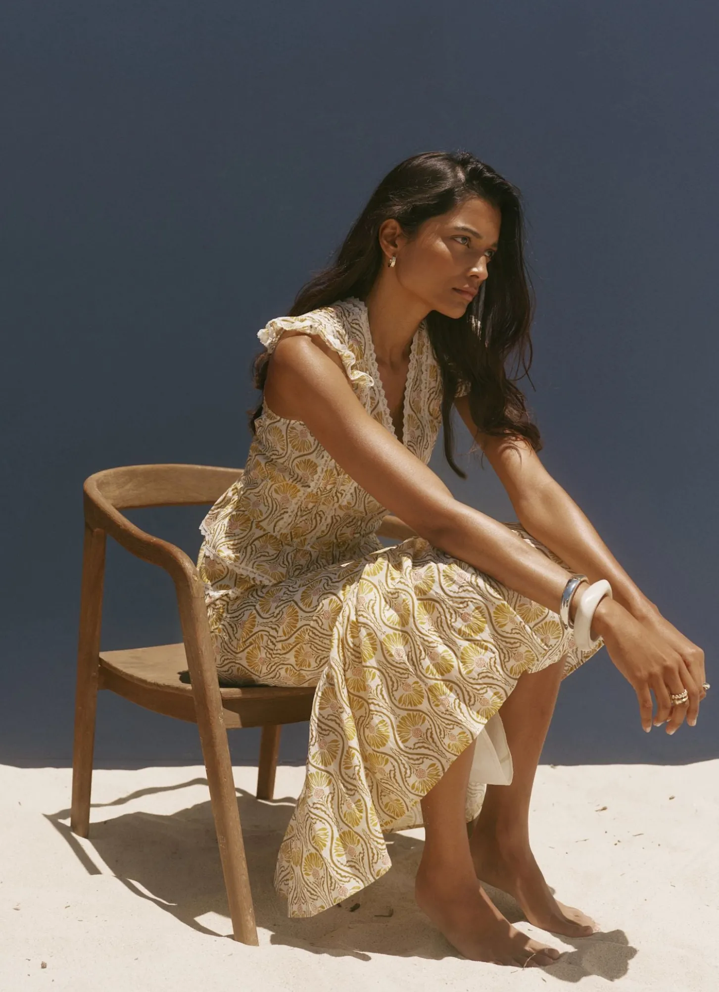 Yellow Cotton Floral Print Midi Skirt