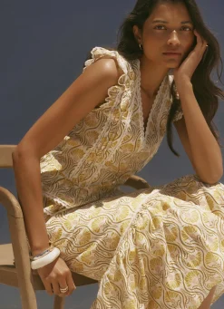 Yellow Cotton Floral Print Midi Skirt