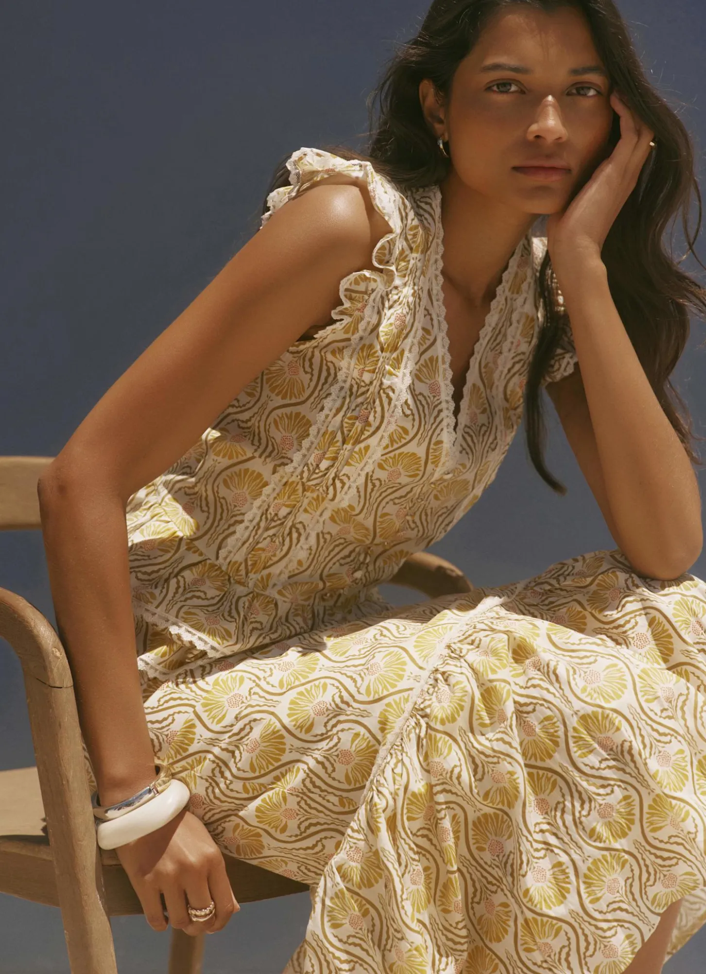 Yellow Cotton Floral Print Midi Skirt