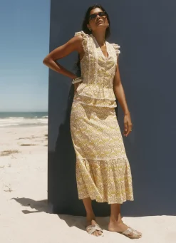 Yellow Cotton Floral Print Midi Skirt